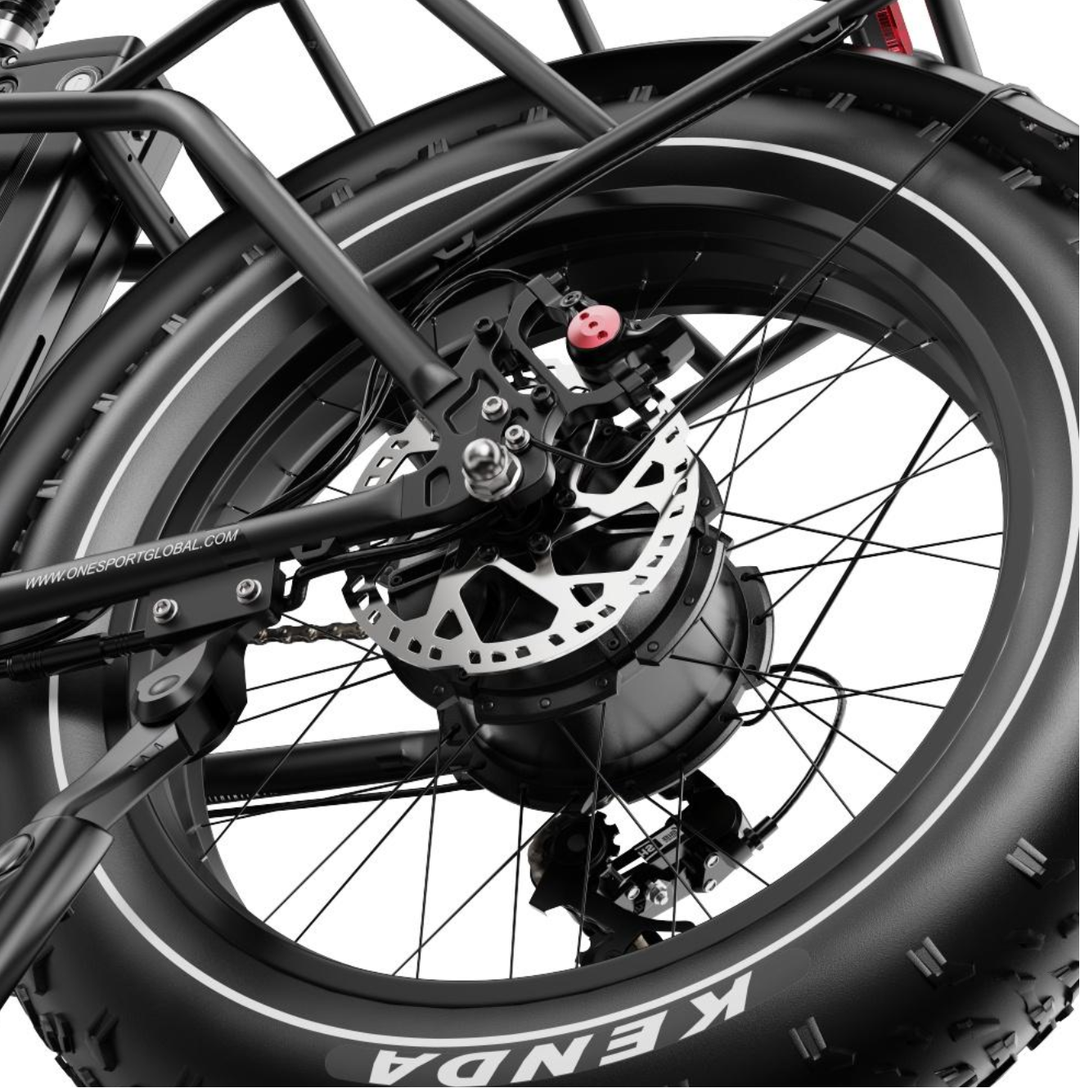 Roue arrière complète OT16max : moteur, rayons, chambre à air, pneu extérieur, fond de jante et jante arrière.